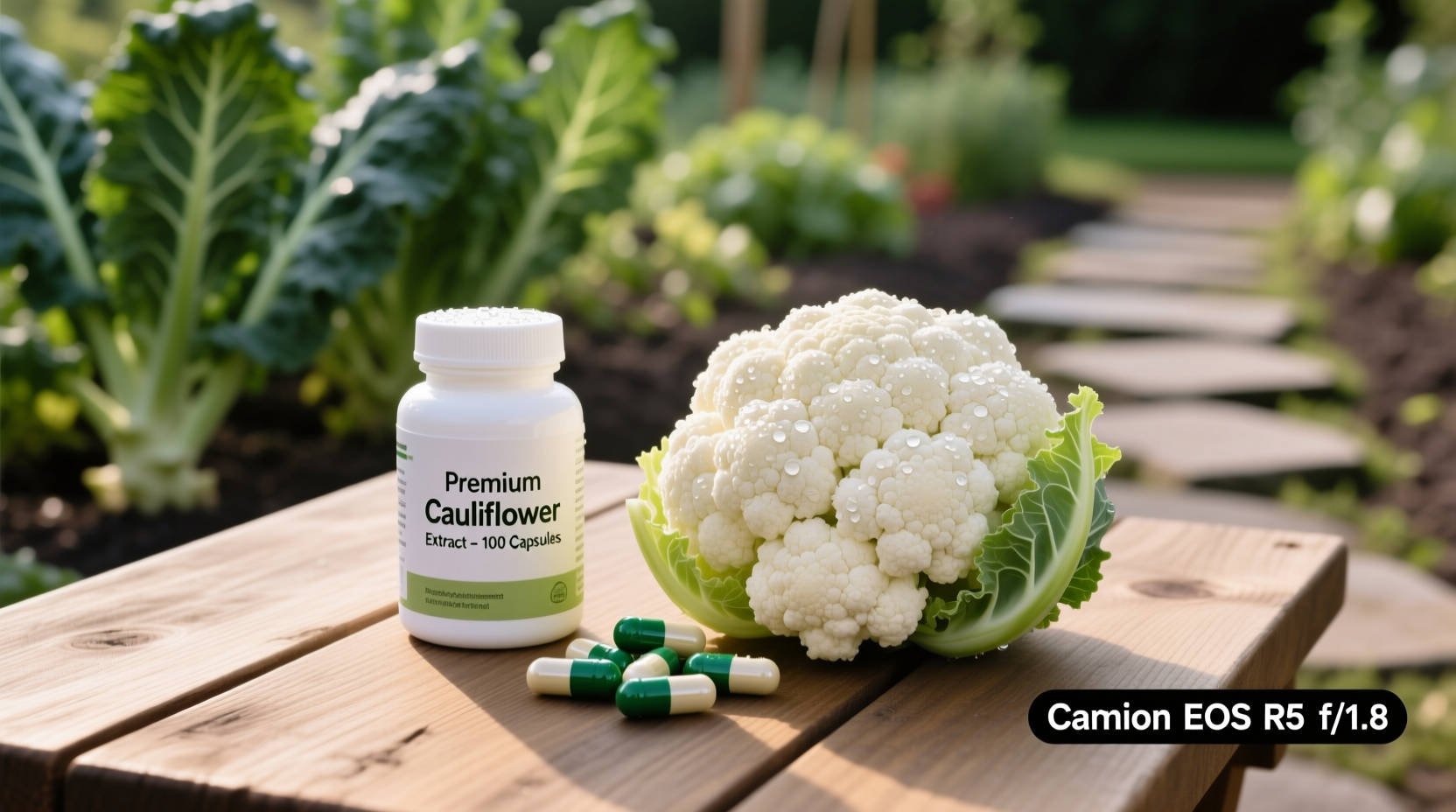 Cauliflower supplement capsules next to fresh cauliflower