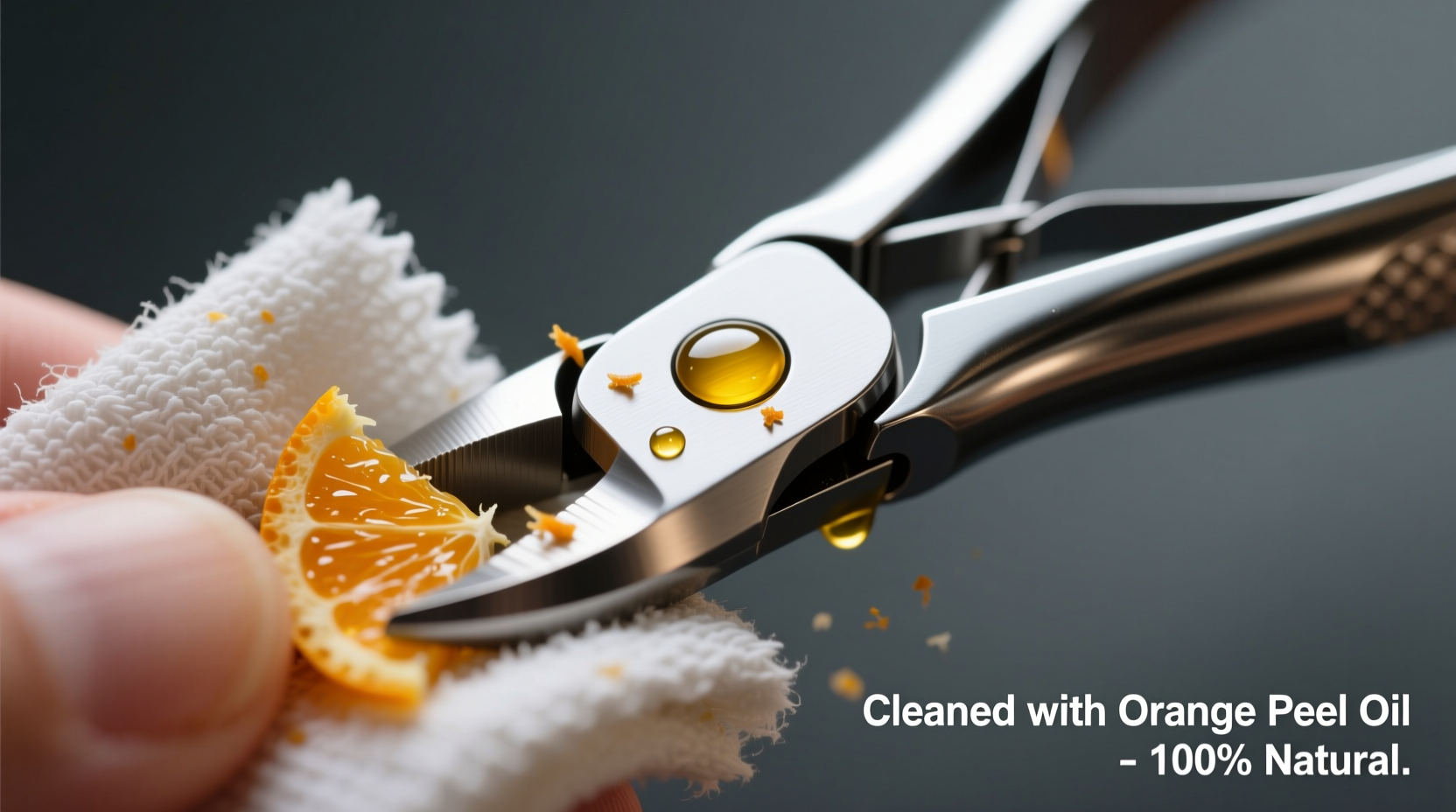 Close-up of stainless steel cuticle nippers being cleaned with a folded microfiber cloth lightly dampened with orange peel oil; residue visibly lifting from the metal surface near the hinge joint