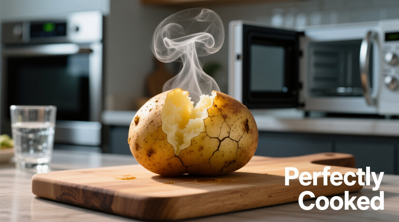 Perfectly cooked microwaved potato with steam rising