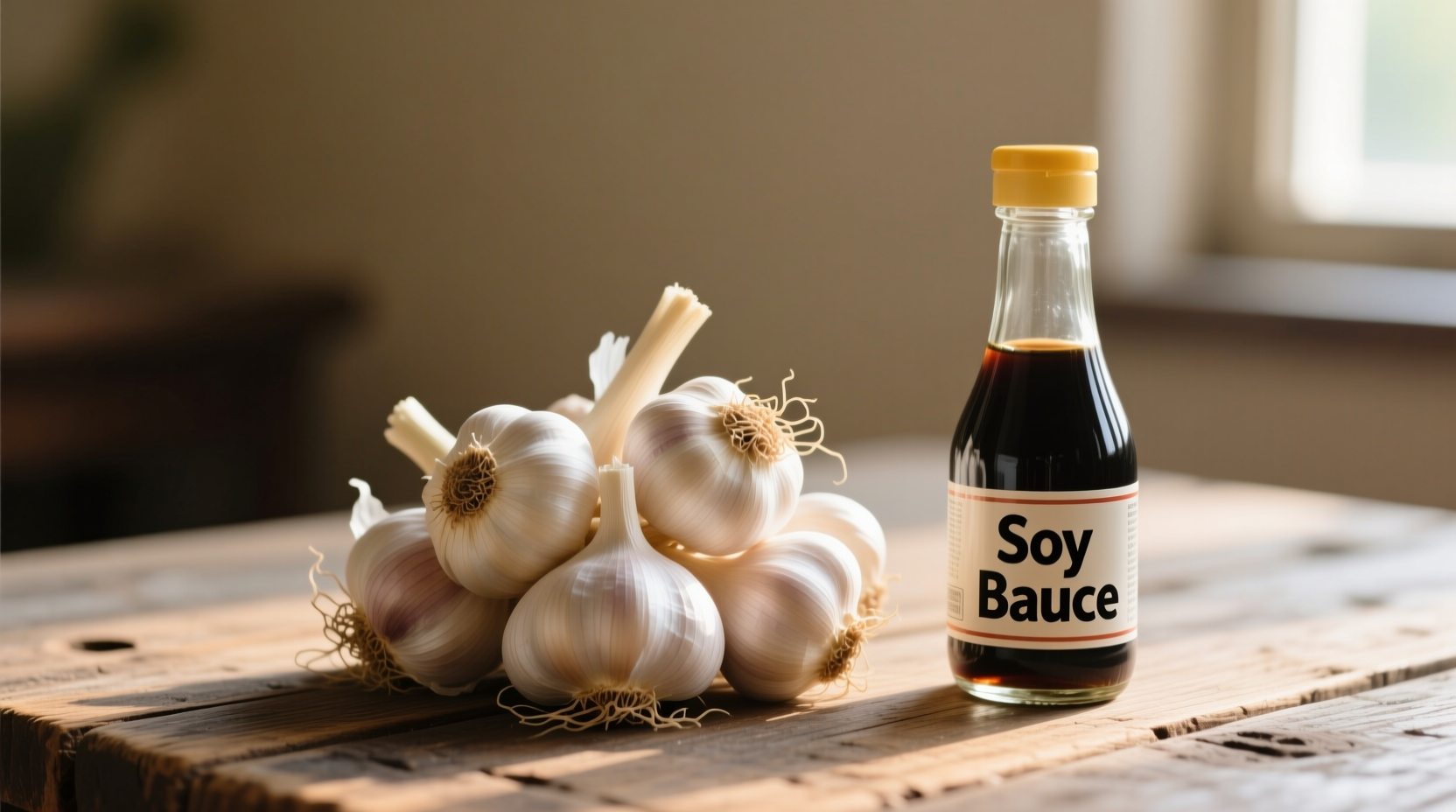 Fresh garlic cloves and soy sauce bottle on wooden table