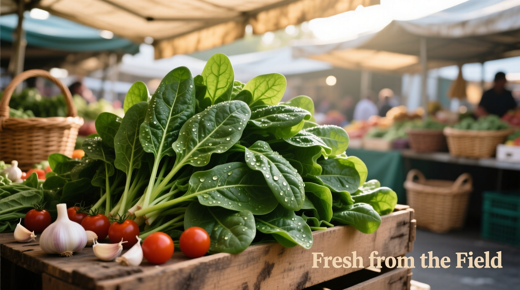 Fresh spinach leaves in a market display
