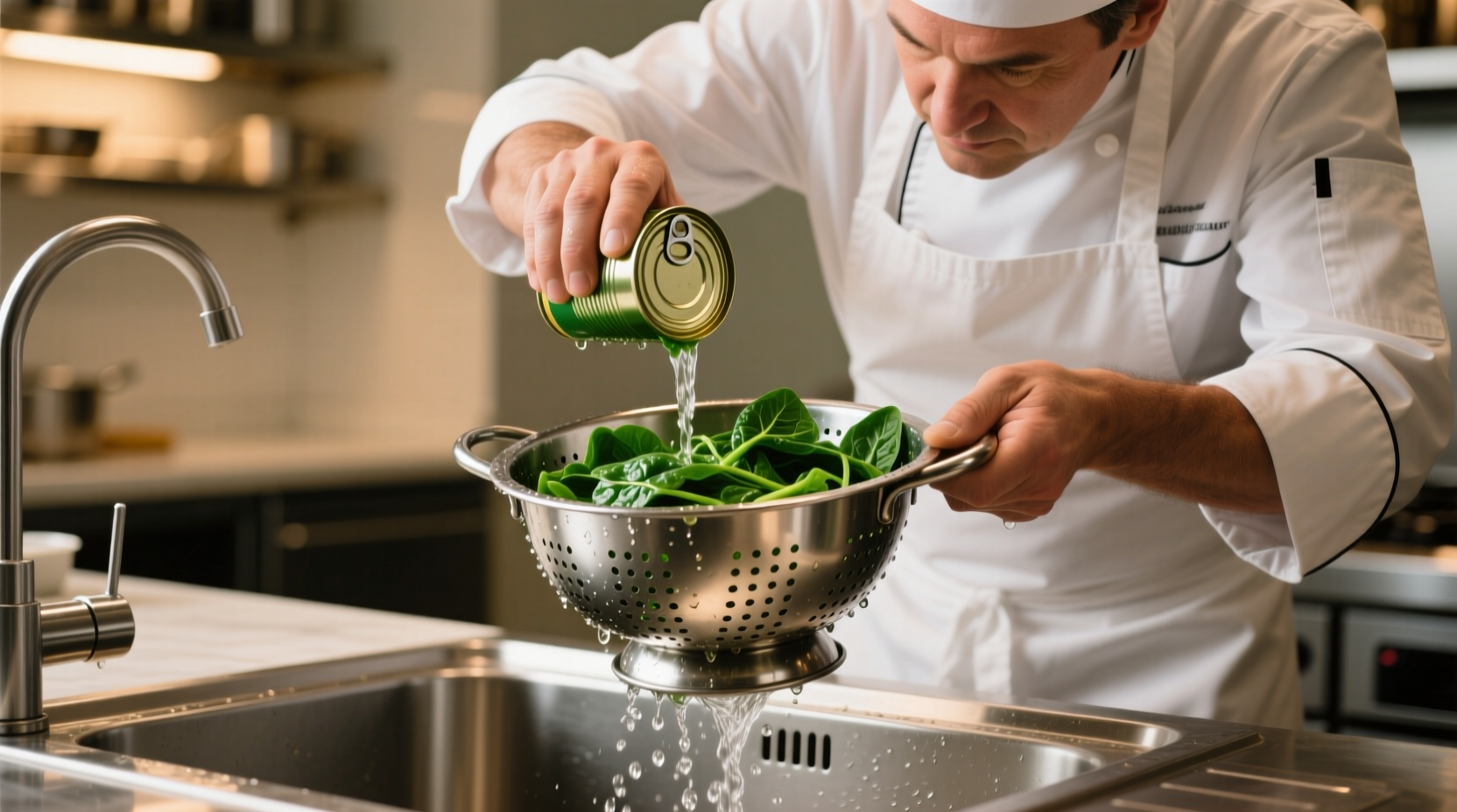 Chef squeezing water from canned spinach