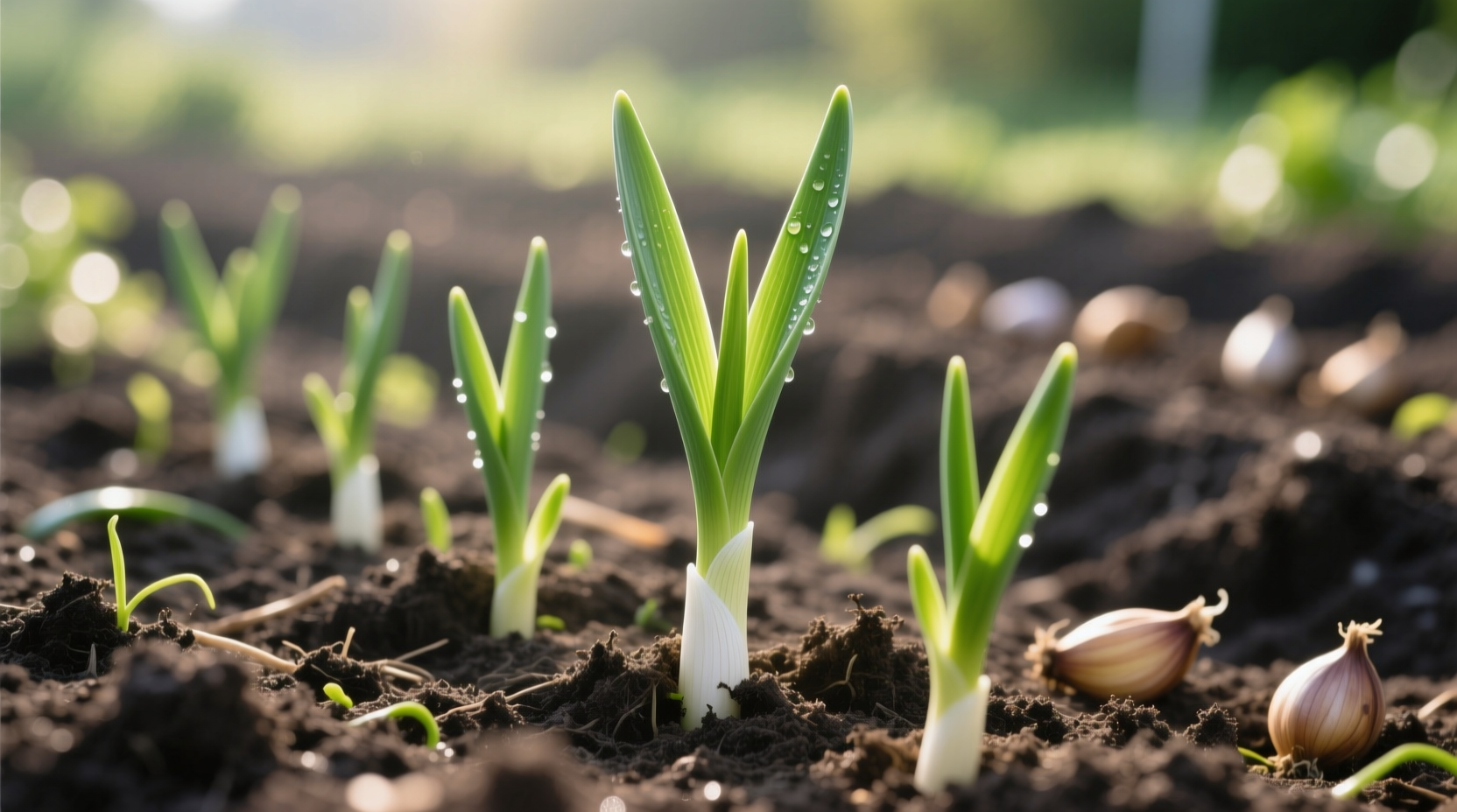 Garlic plants showing early leaf growth stage in garden