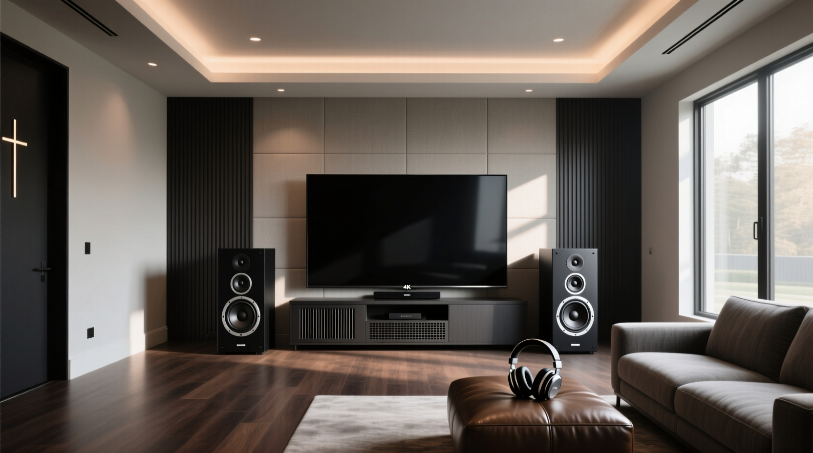 Dual subwoofers installed in opposite corners of a media room