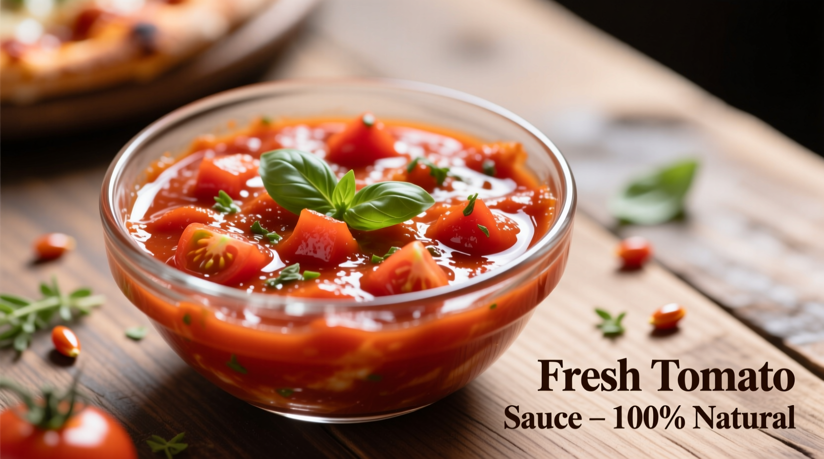 Fresh pizza sauce in glass bowl with tomatoes