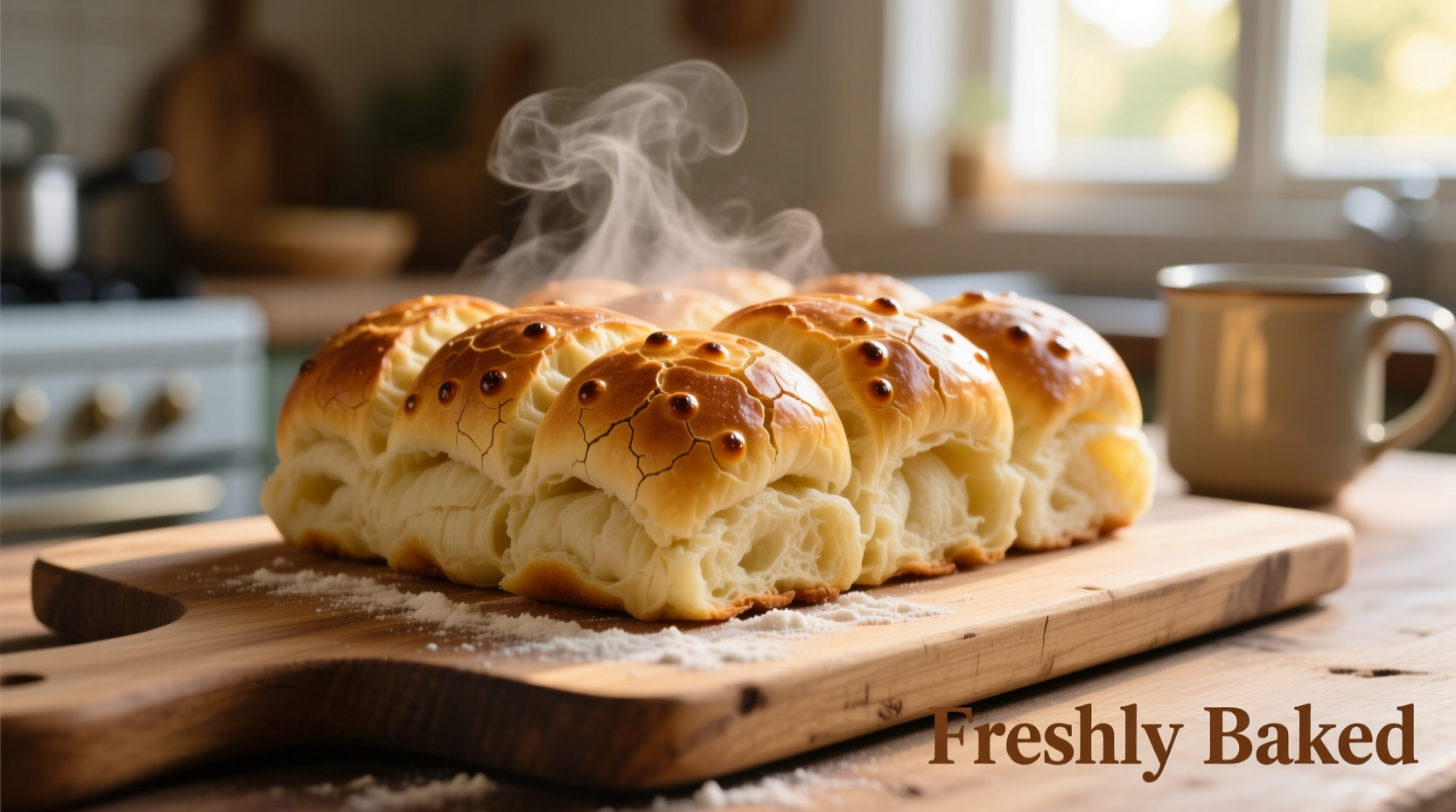 Freshly baked potato rolls with golden crust on wooden board