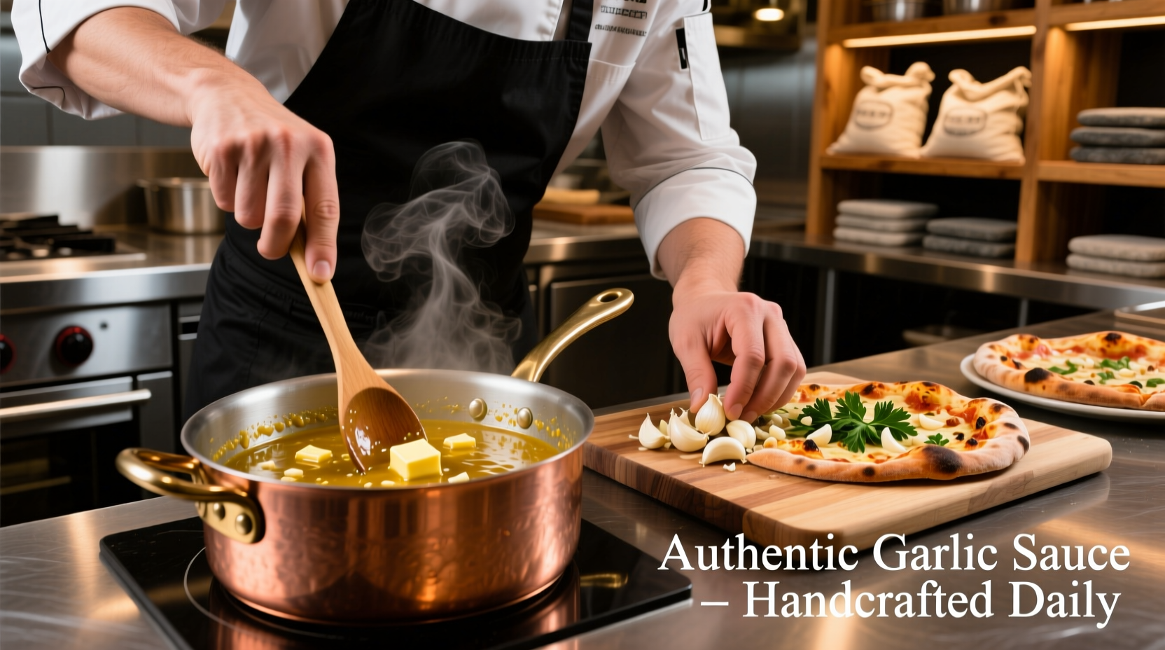 Professional chef preparing garlic sauce for pizza
