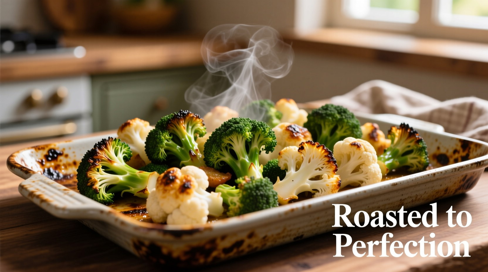 Perfectly roasted broccoli and cauliflower on baking sheet