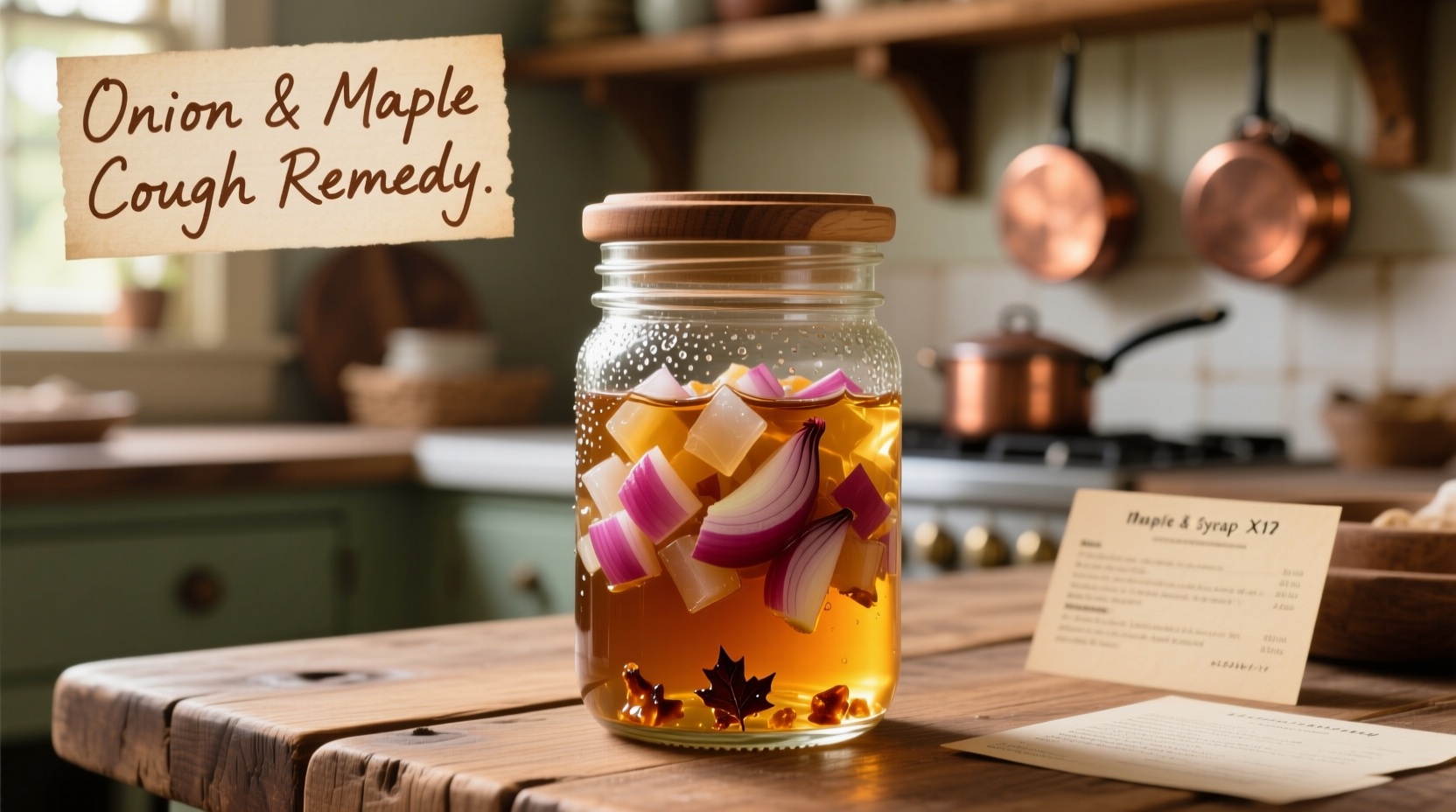 Homemade onion and maple syrup cough remedy in glass jar