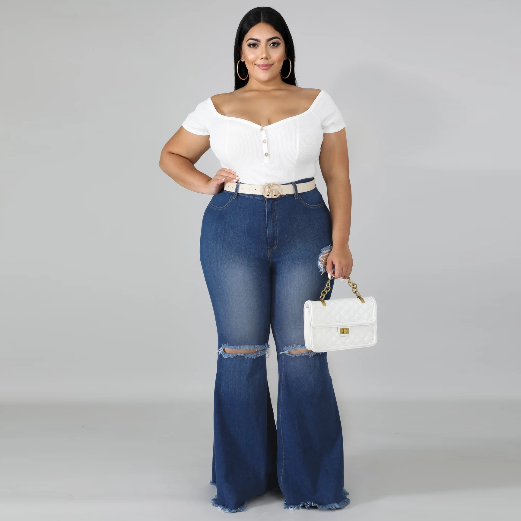 热卖高腰胖女人火炬阔腿裤撕开大码牛仔裤