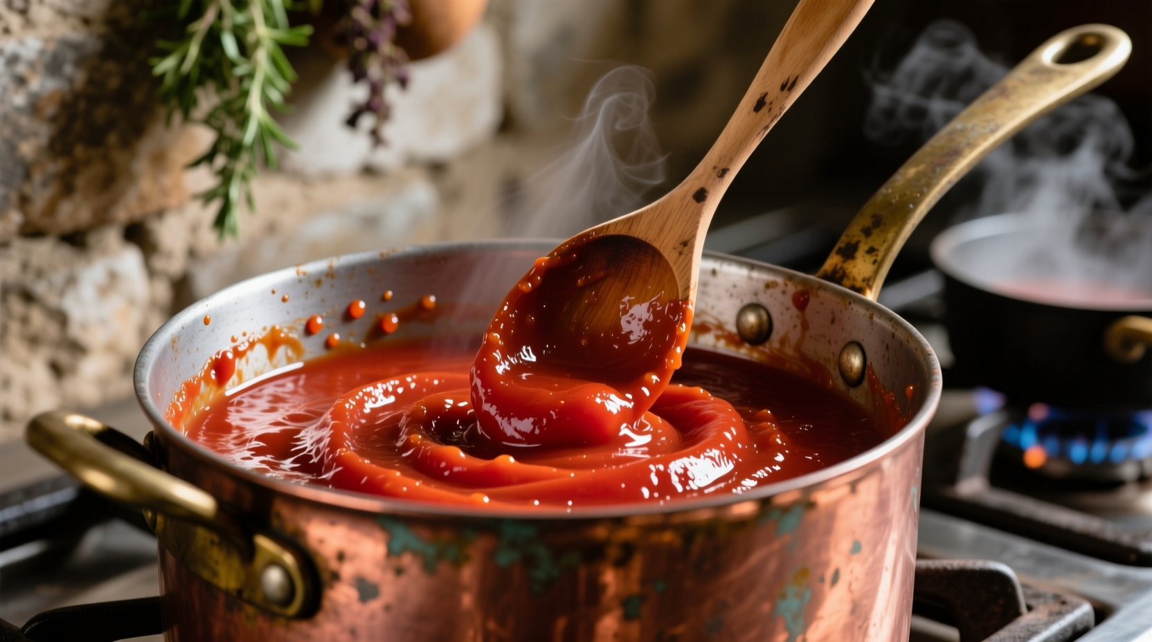 Close-up of tomato paste being stirred in copper pot
