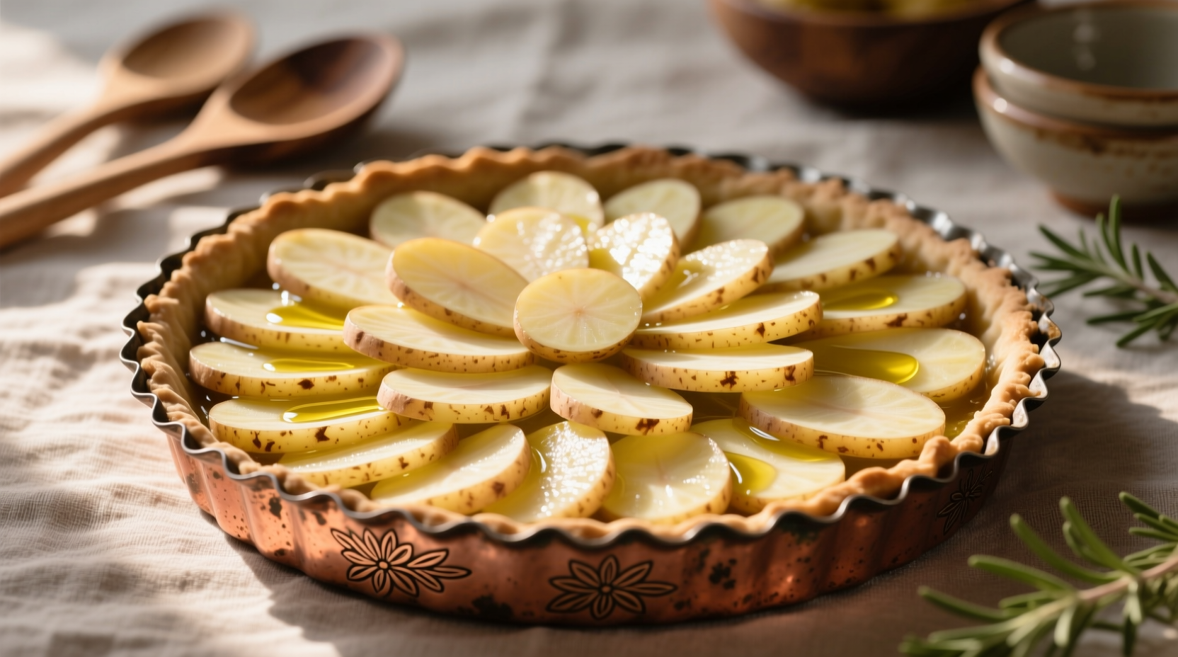 Thinly sliced potatoes arranged in tart pan