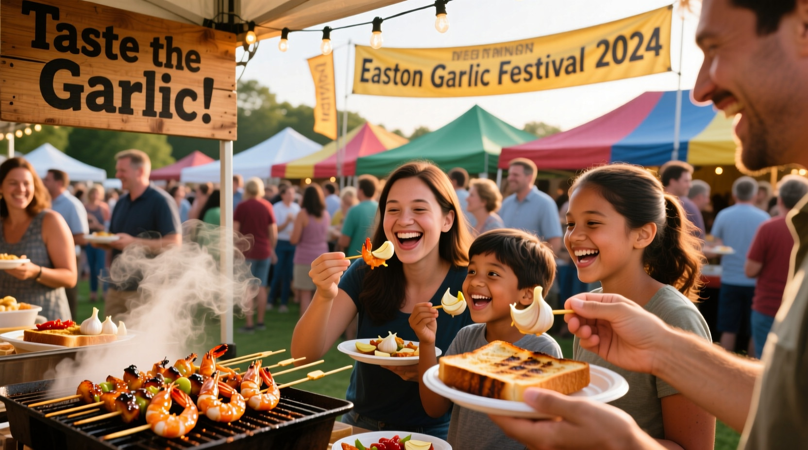 Crowd enjoying garlic festival food samples at Easton event