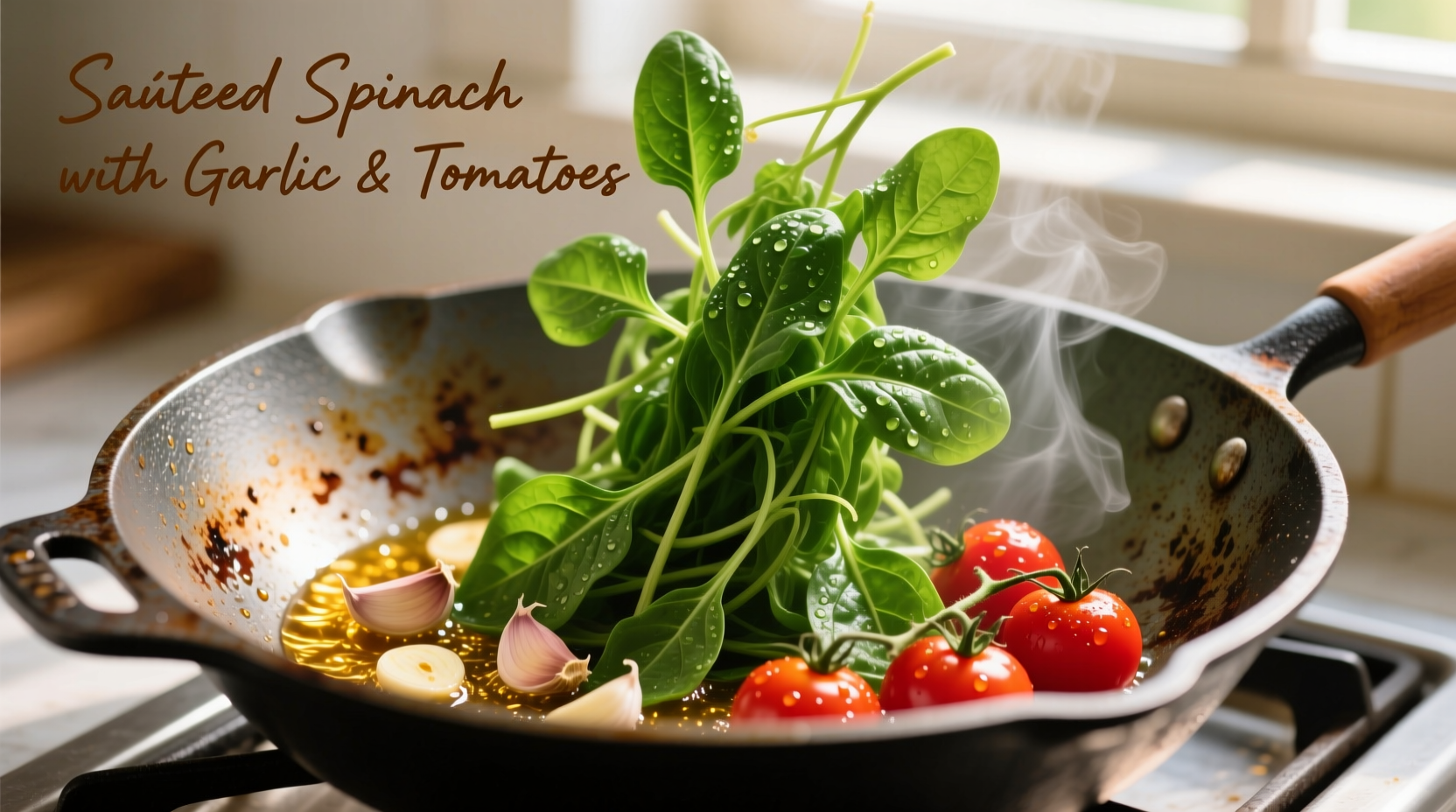Fresh climbing spinach leaves in a wok with garlic and tomatoes