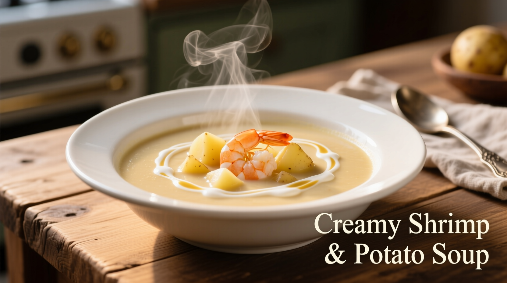 Creamy shrimp and potato soup in white bowl