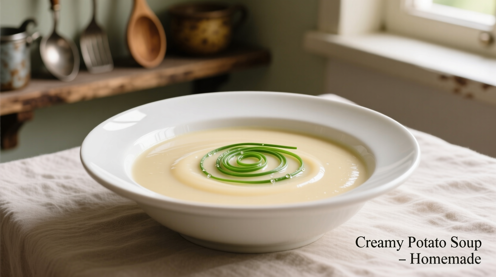Smooth potato cream soup in white bowl with chive garnish