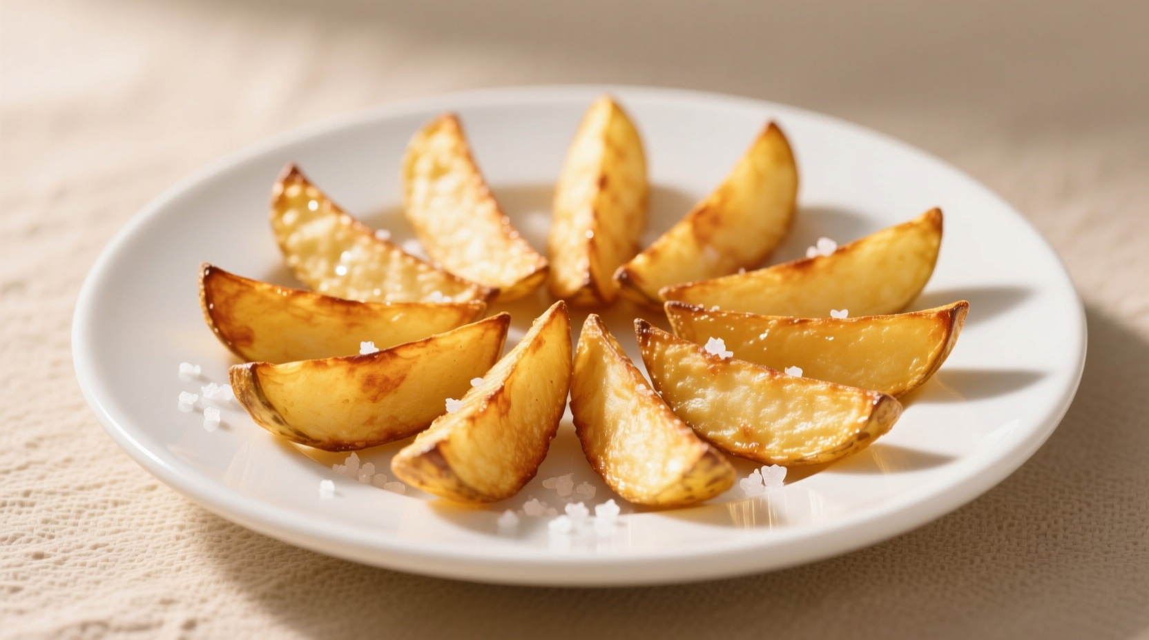 Perfectly golden Jojo potato wedges on white plate