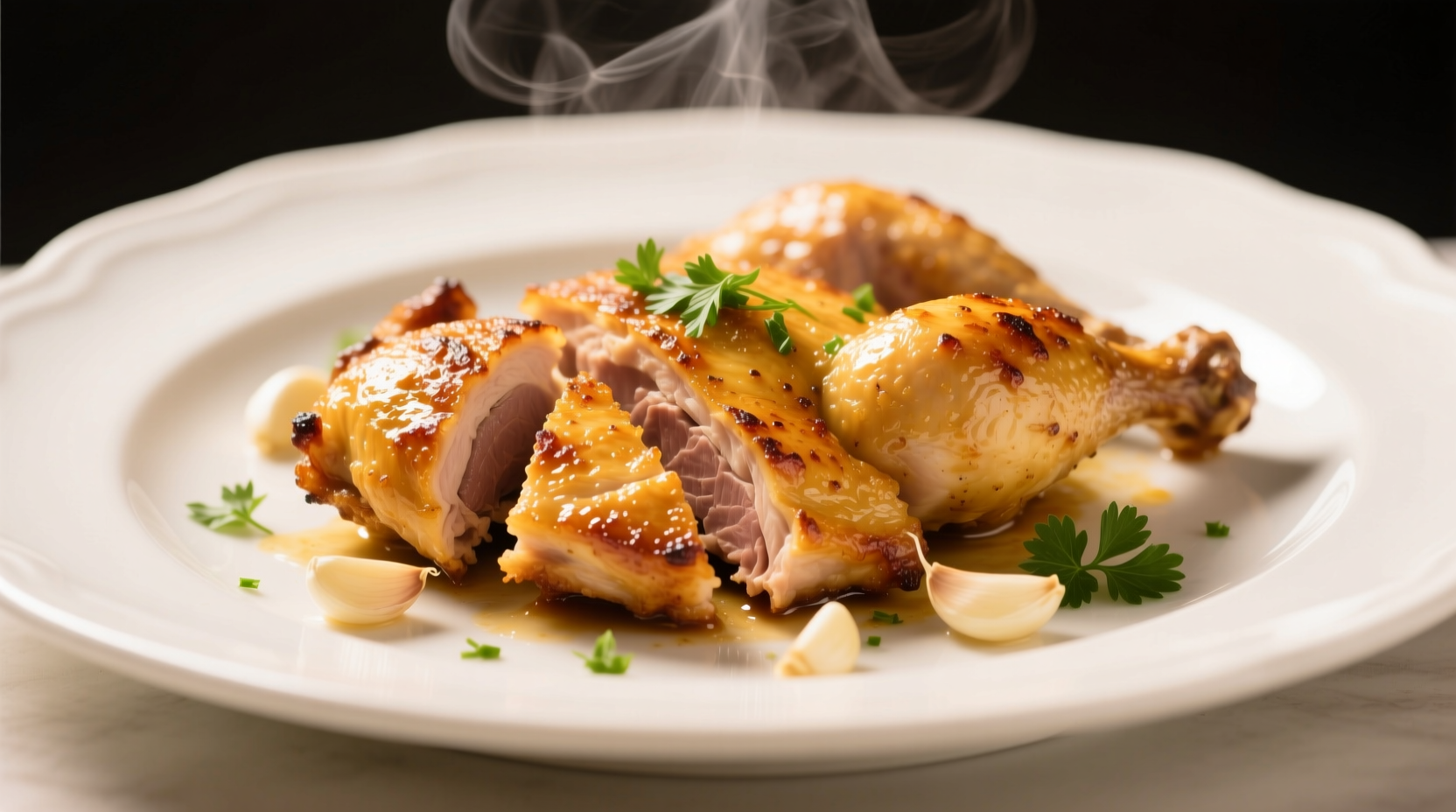 Golden garlic chicken with crispy skin on white plate