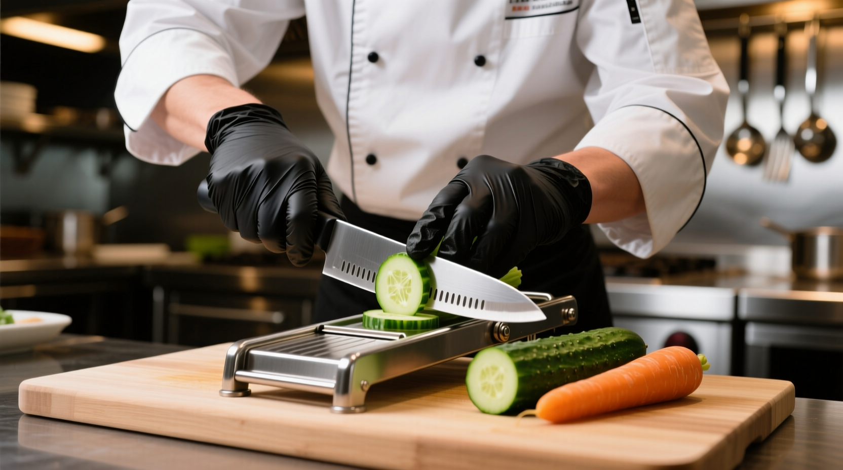 Professional chef demonstrating proper mandolin hand positioning