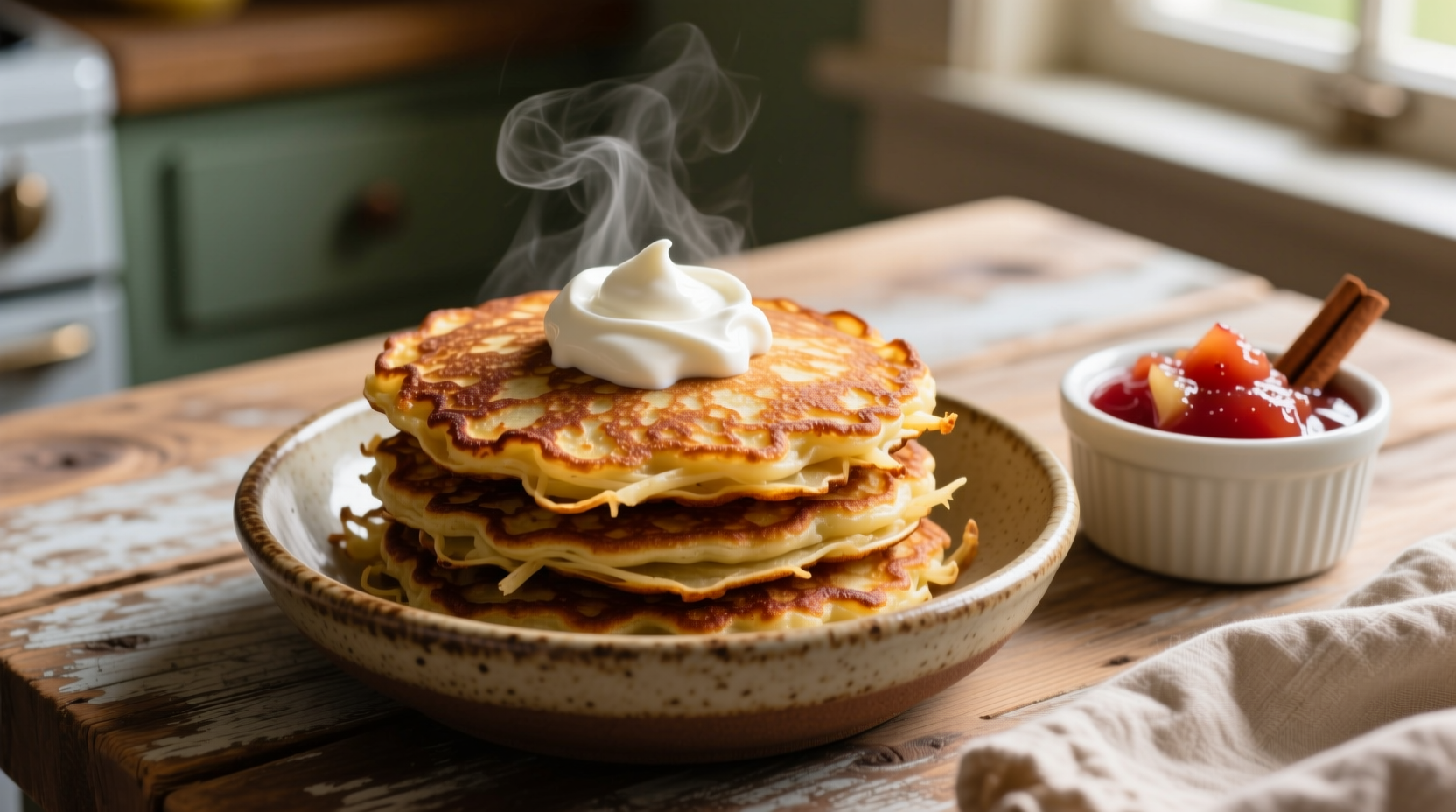 Golden brown potato pancakes with applesauce and sour cream