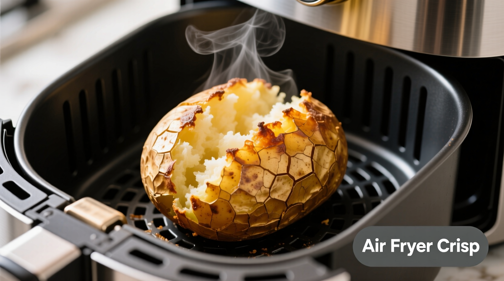 Crispy reheated baked potato in air fryer basket