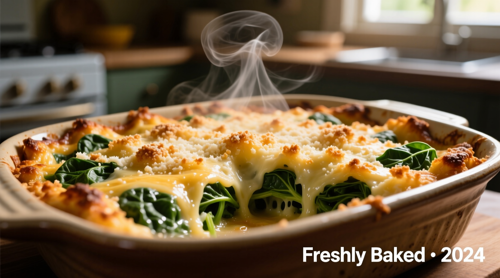 Golden baked spinach cheese casserole with bubbling edges