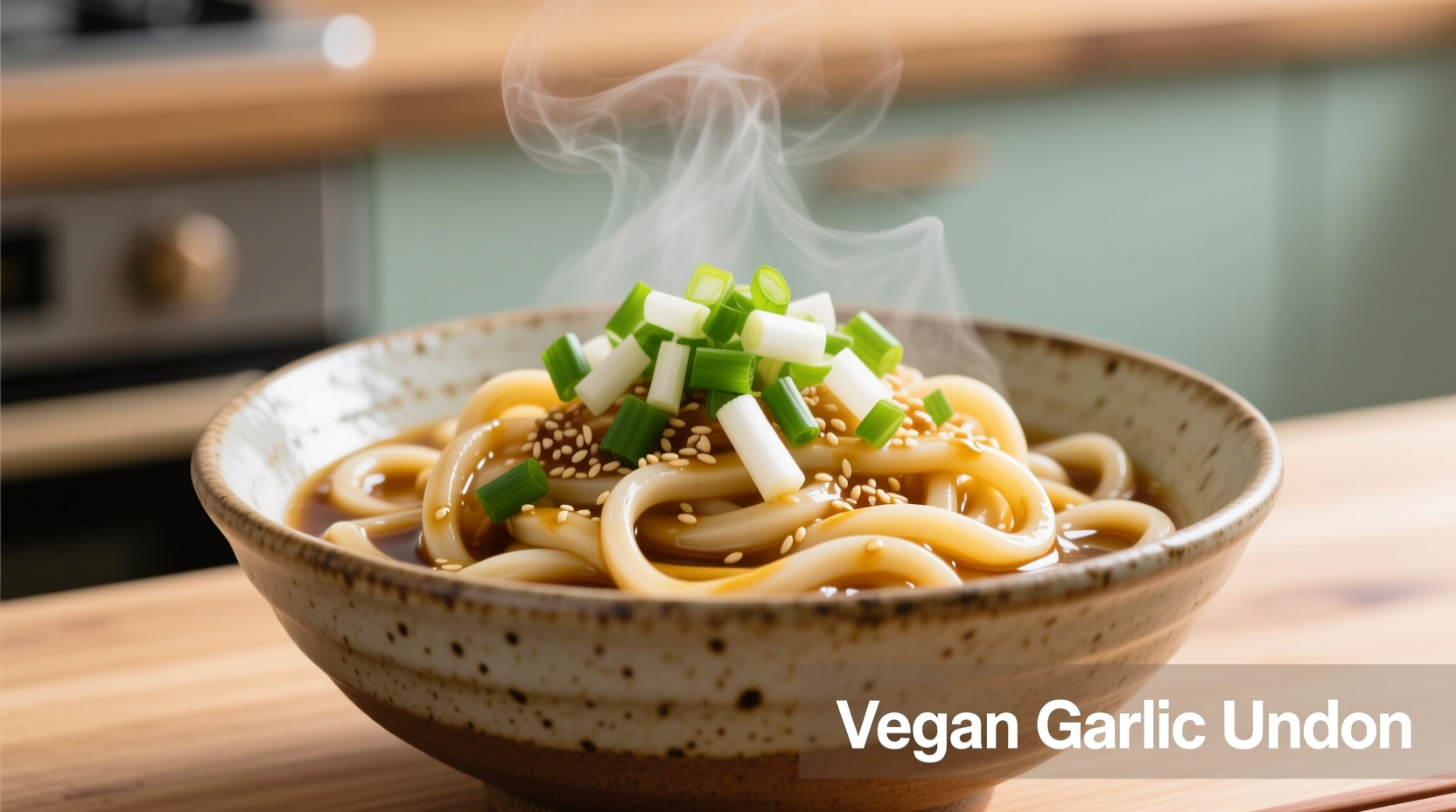 Vegan garlic udon noodles in ceramic bowl with scallions