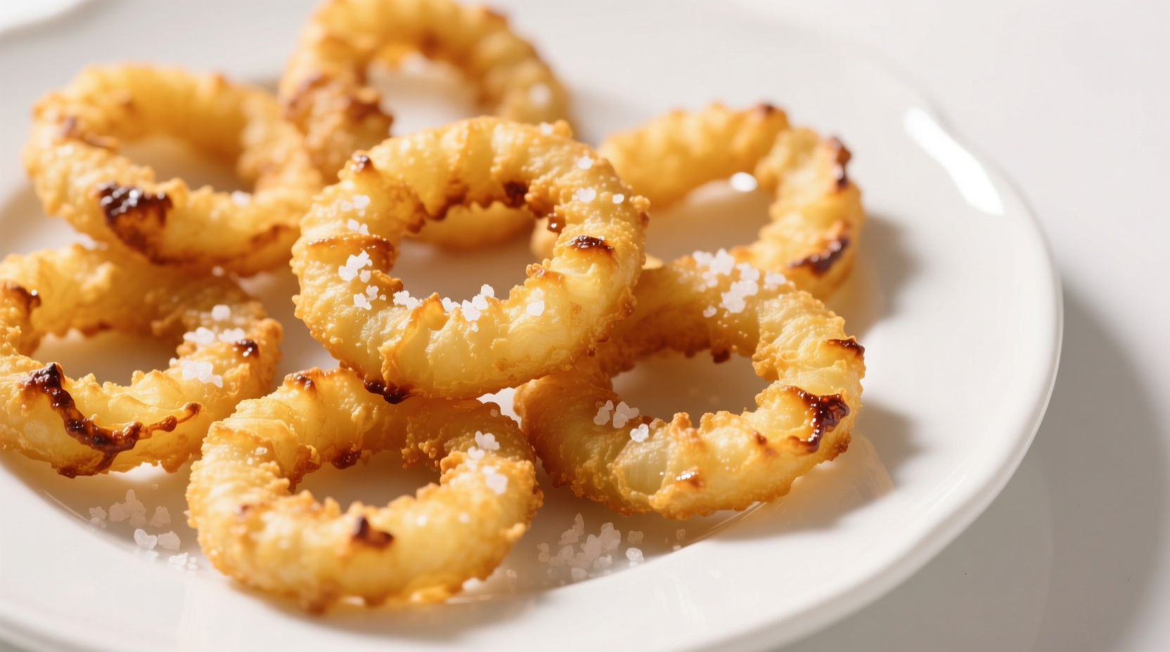Perfectly golden air fryer onion rings on white plate