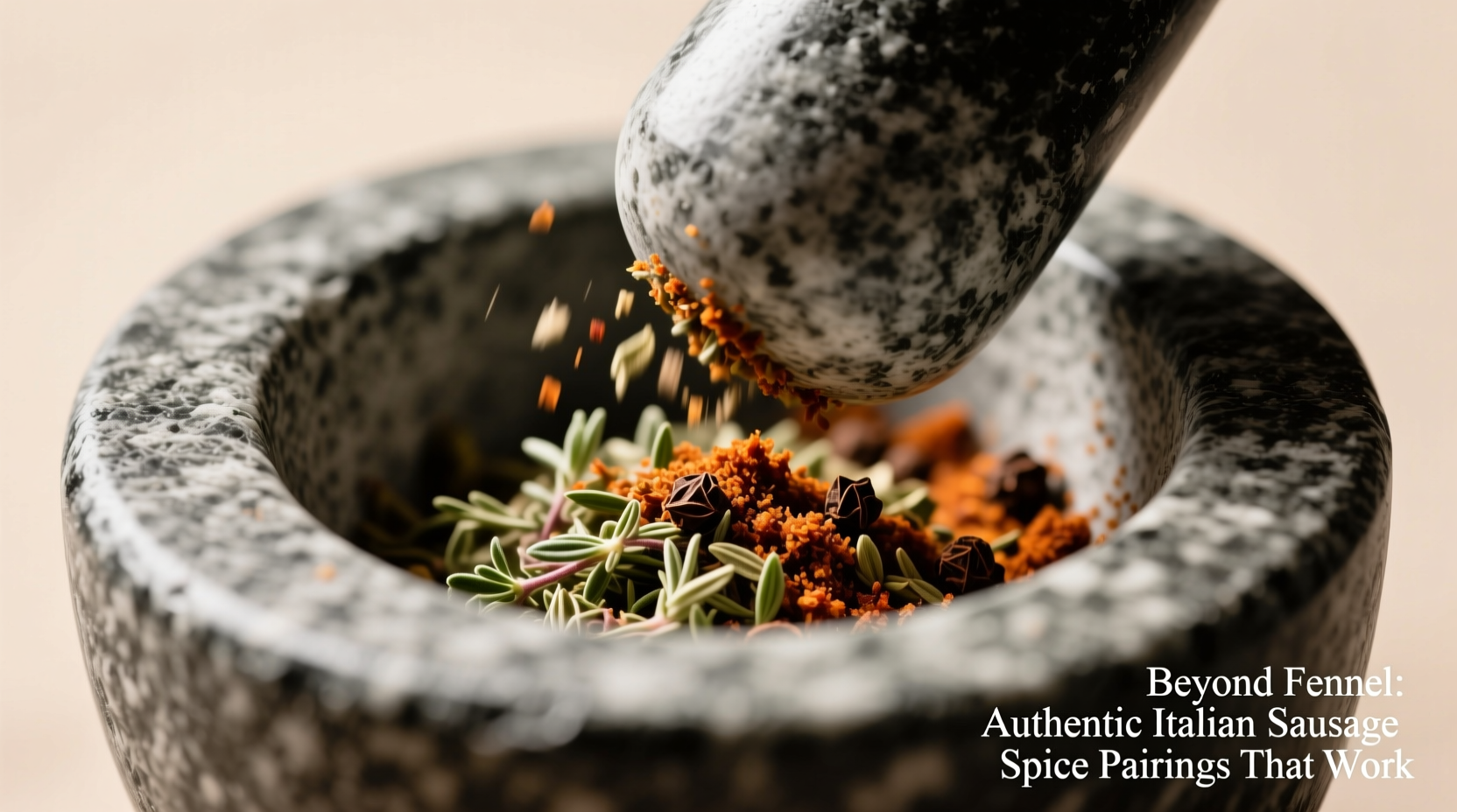 Sardinian wild thyme and smoked paprika being ground in stone mortar for sausage mix