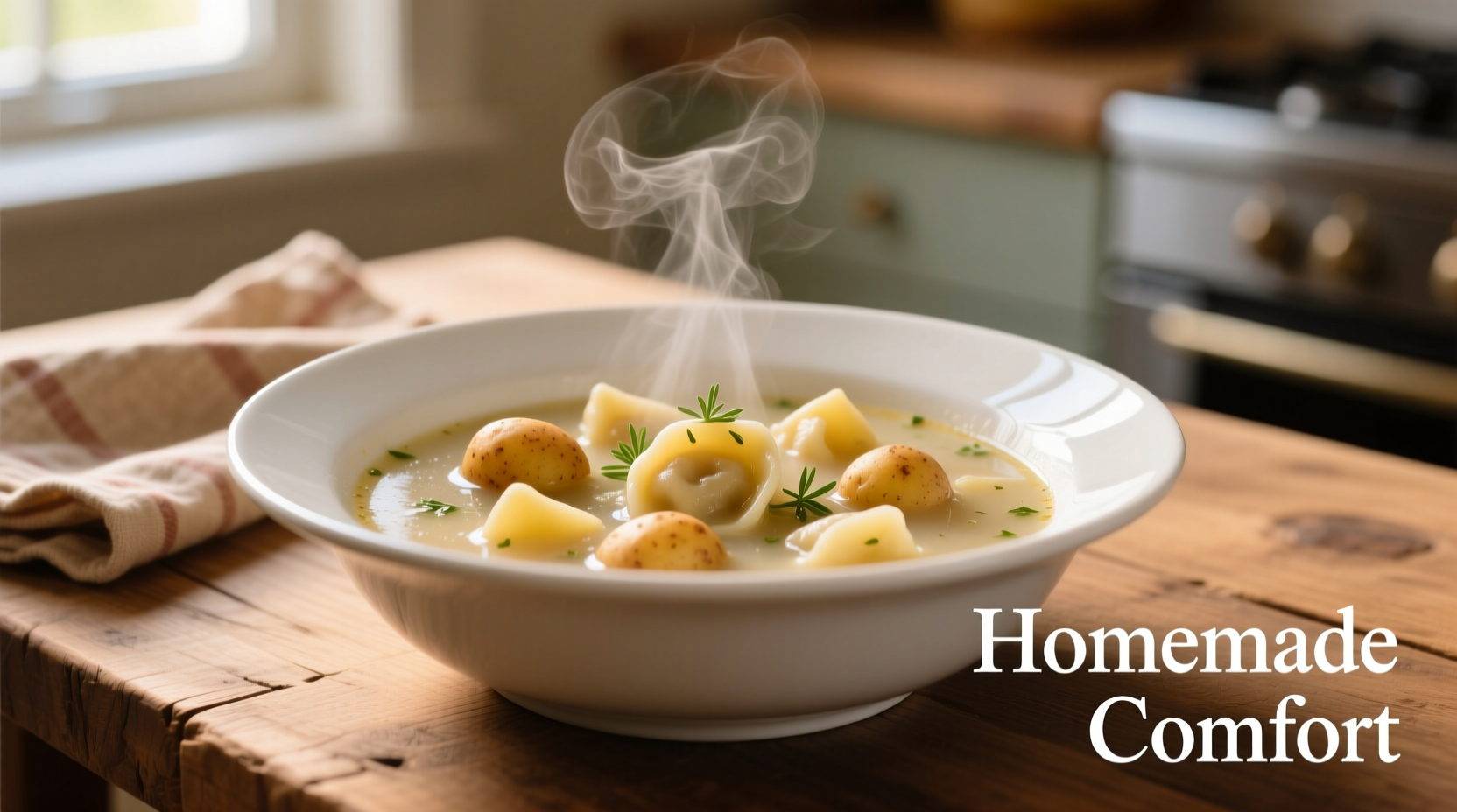 Potato and dumpling soup in white bowl
