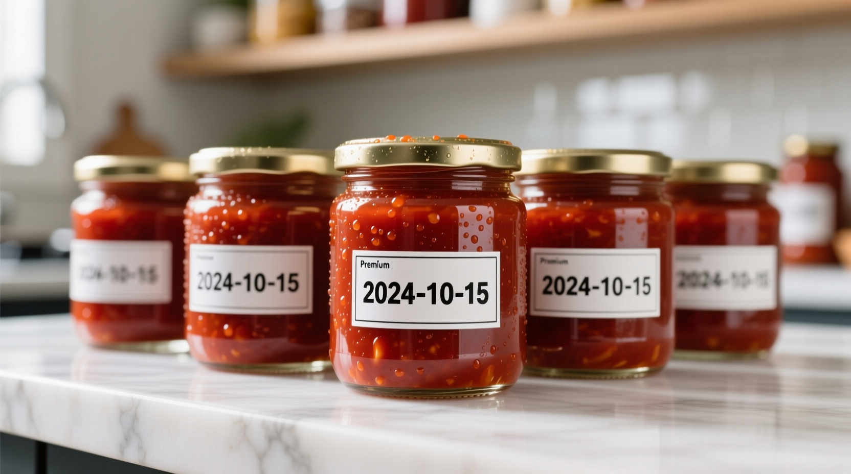 Tomato paste stored in glass containers with date labels