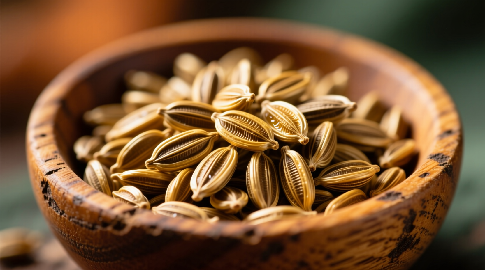 Close-up of golden fennel seeds in wooden bowl
