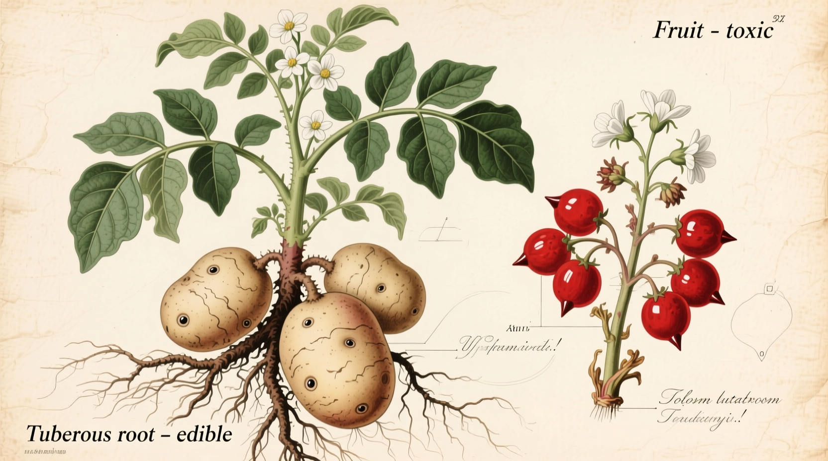 Potato plant showing tubers versus toxic fruit berries