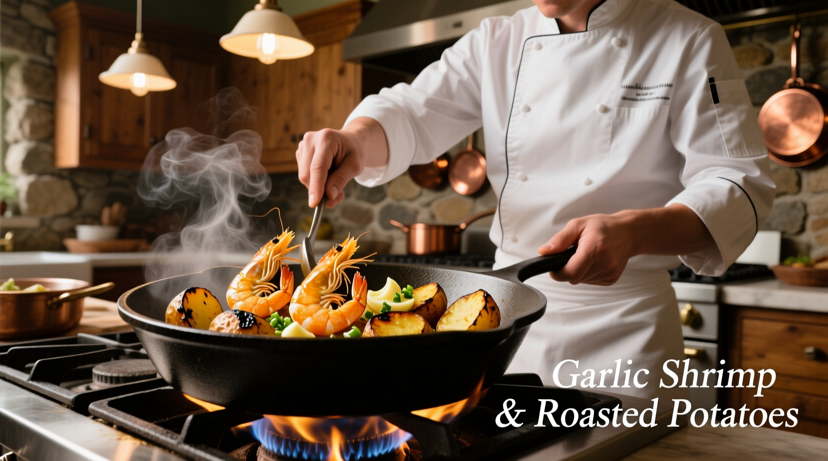 Chef preparing garlic shrimp with roasted potatoes in cast iron skillet