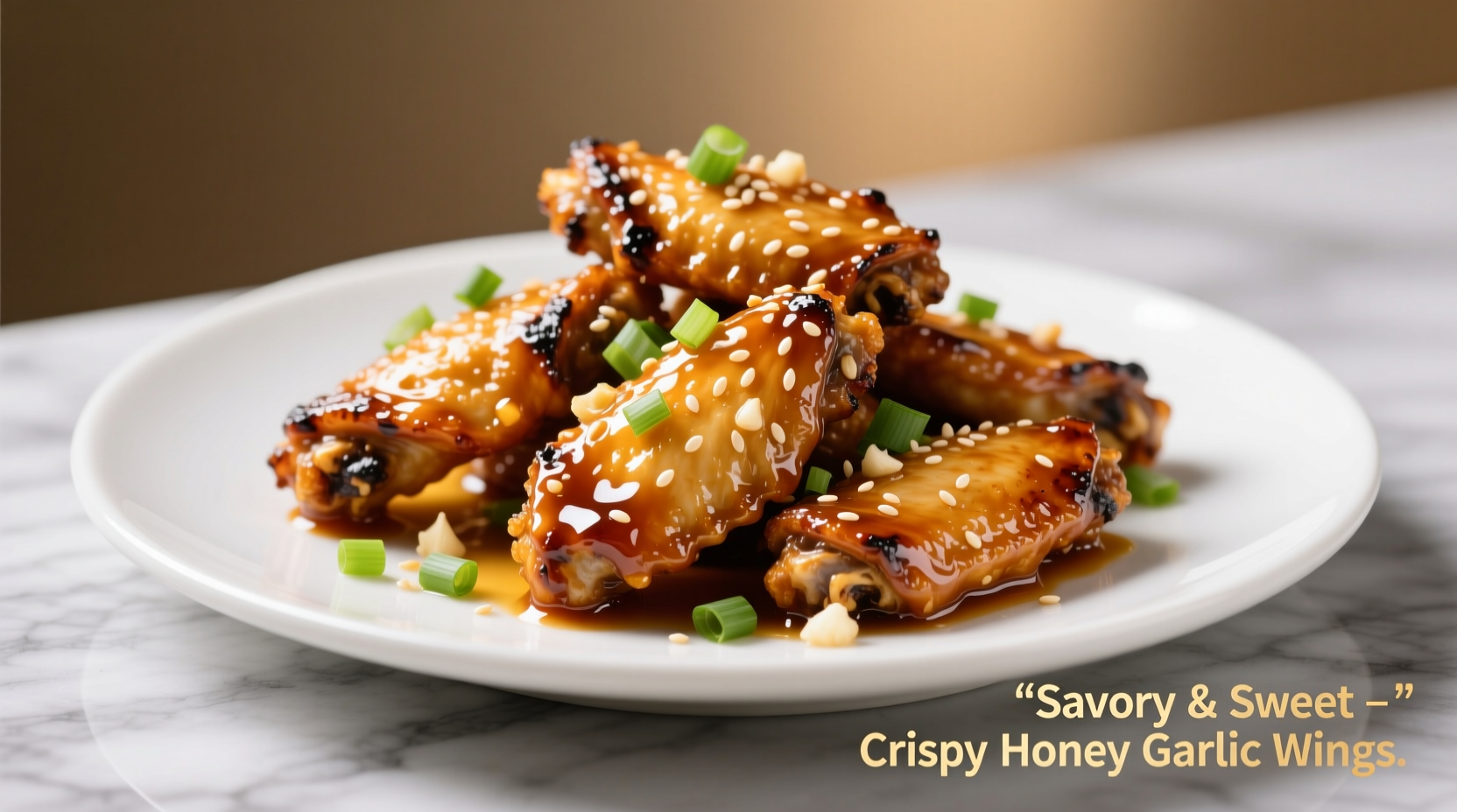 Crispy honey garlic wings on white plate with garnish