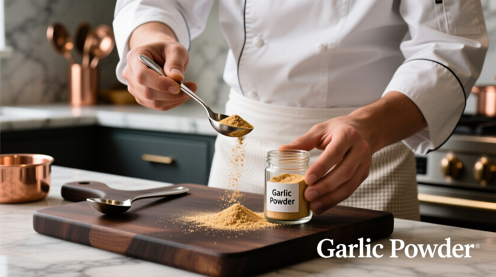 Chef measuring garlic powder into teaspoon