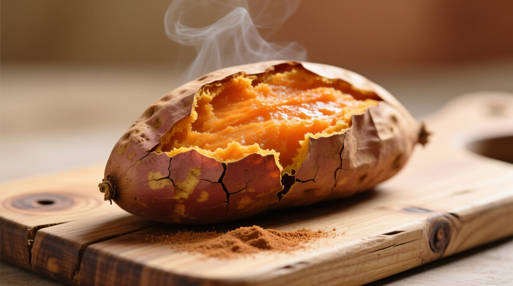 Baked sweet potato with skin on wooden cutting board