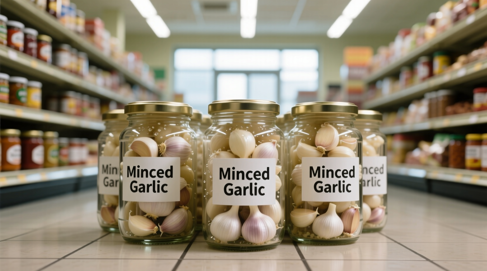 Minced garlic jars arranged in grocery store aisle