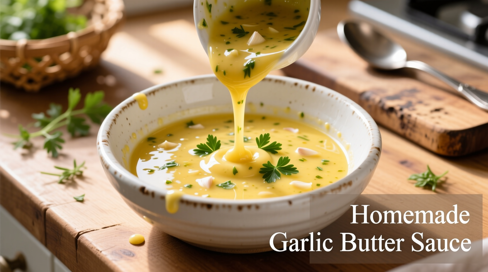 Homemade garlic butter sauce in white ceramic bowl