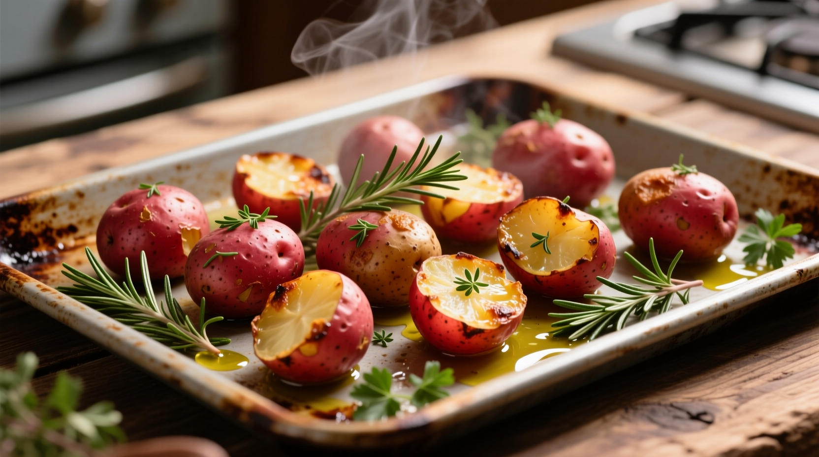 Roasted red potatoes with herbs on baking sheet
