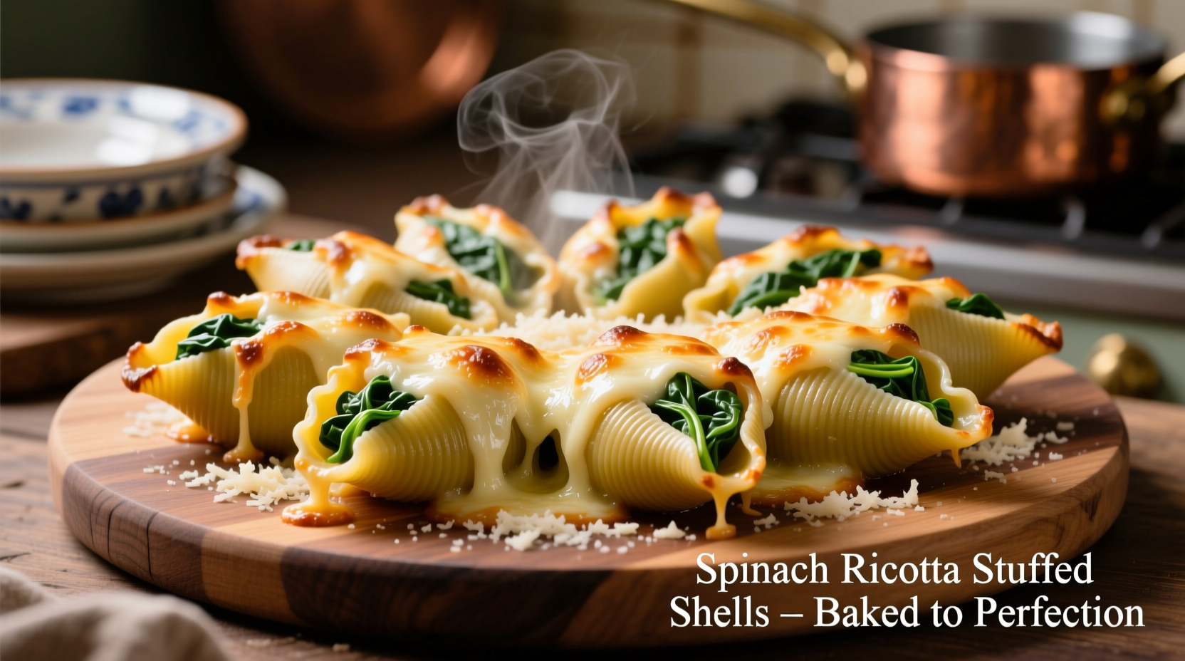 Baked spinach ricotta stuffed shells with melted cheese