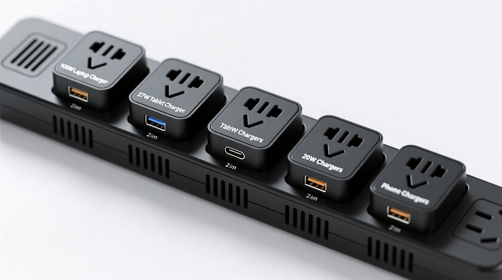 Top-down photo of a ventilated power strip with labeled USB-C PD adapters: one 100W laptop charger, two 27W tablet chargers, and three 20W phone chargers—all spaced 2 inches apart with visible airflow gaps