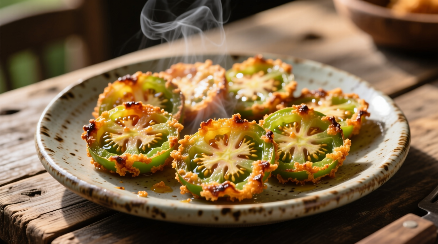 Crispy fried green tomato slices on rustic plate