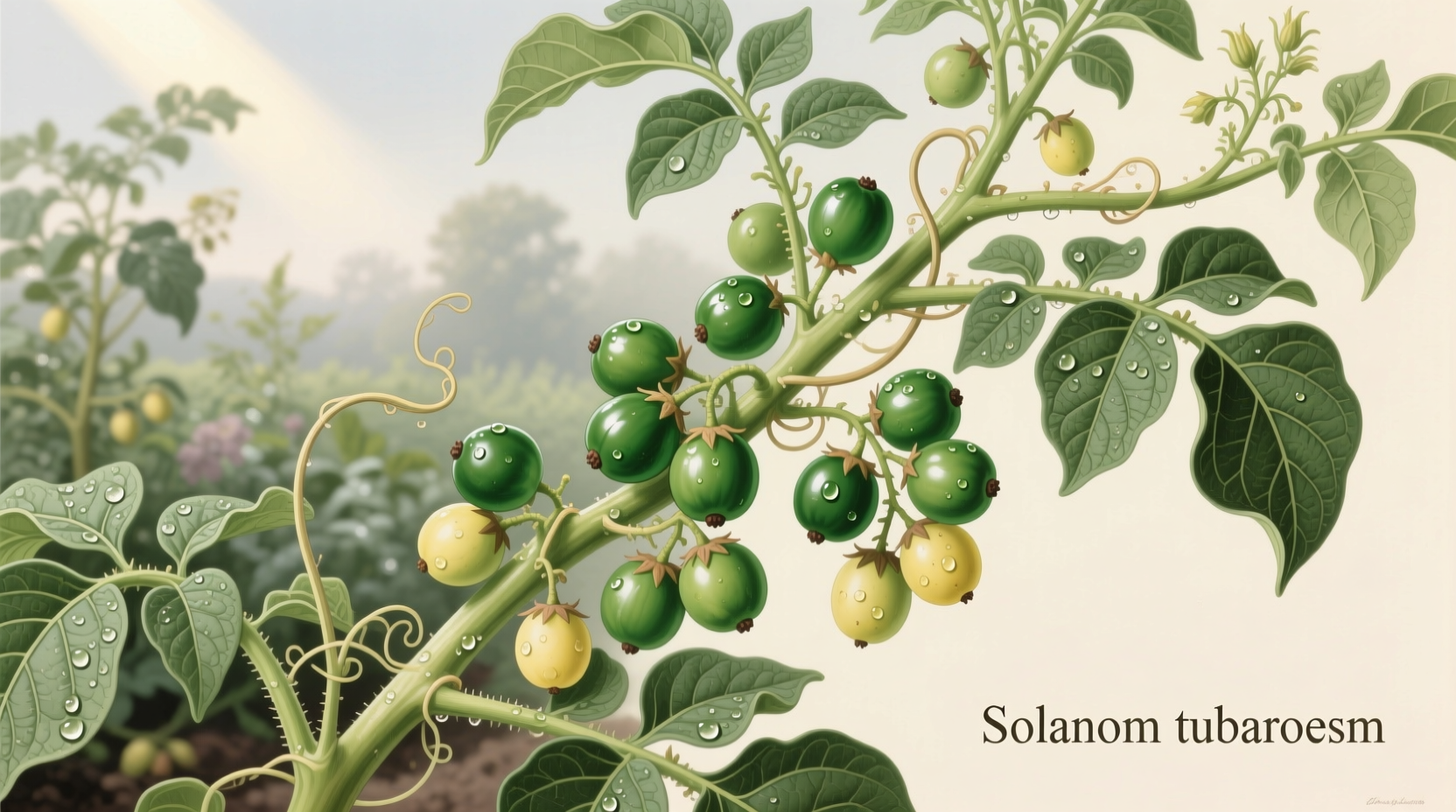 Green potato plant berries on vine