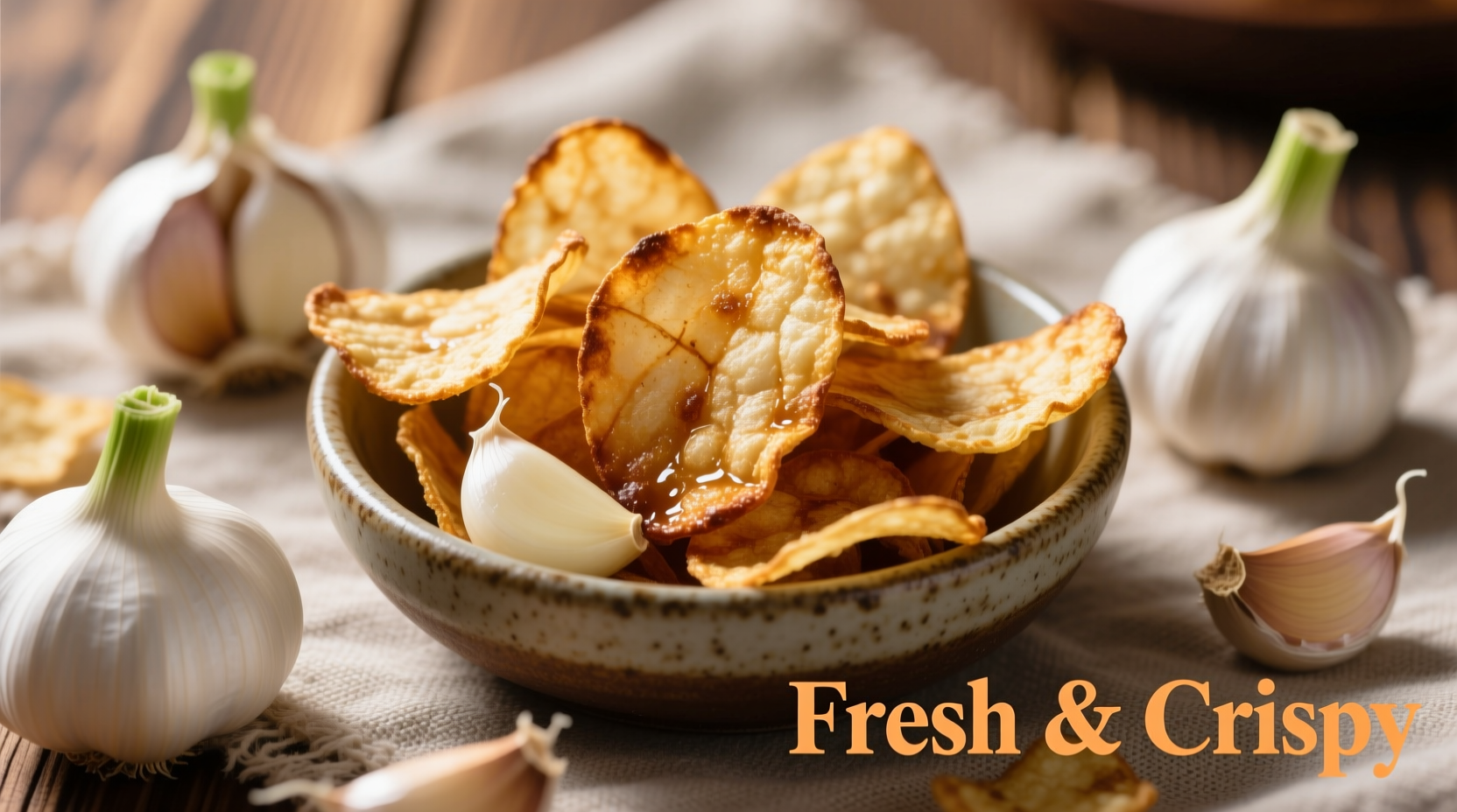 Golden brown garlic chips in a bowl with fresh garlic cloves