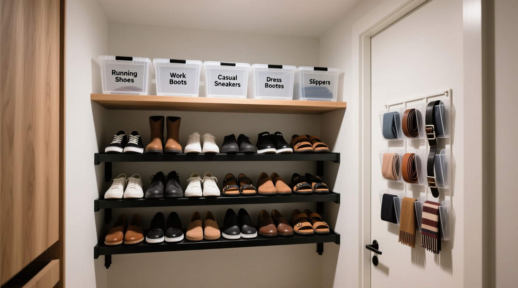 A narrow, 24-inch-deep closet showing a matte-black double-tier wall-mounted shoe rack holding 28 pairs vertically aligned, with labeled clear plastic boxes stacked neatly on a floating shelf above, and a slim over-the-door organizer holding belts and scarves on the reverse side