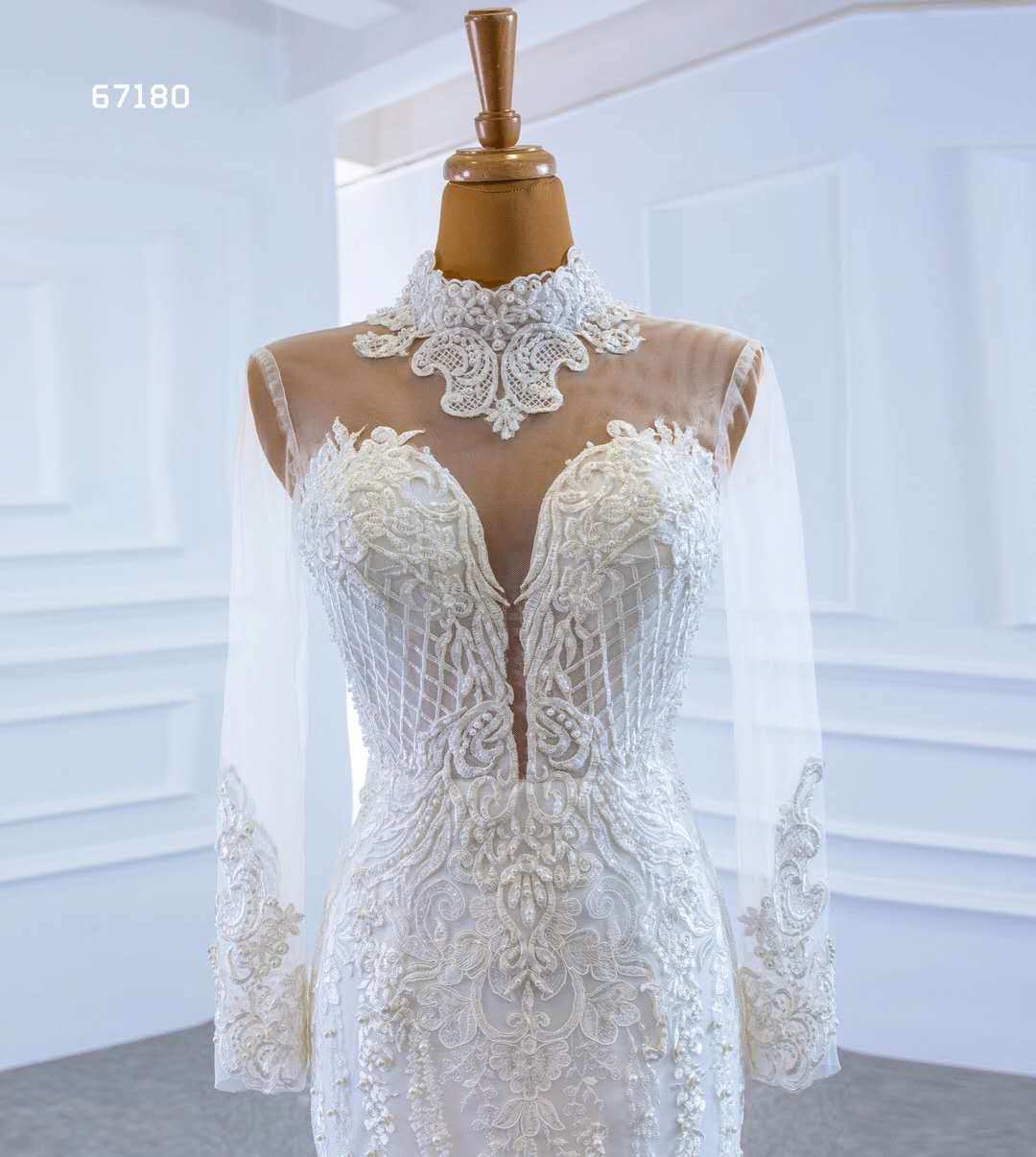 Mermaid/Trumpet long  sleeve lace high  neck  Muslim   pearls beaded with  detachable train wedding dress