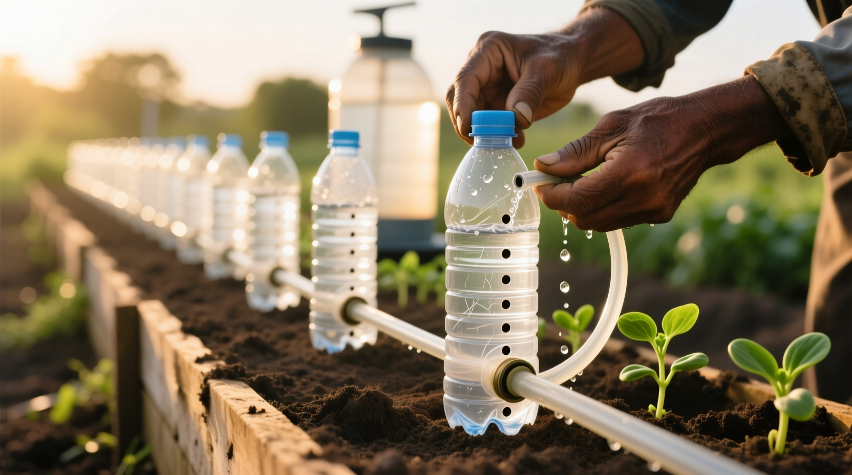 Recycled plastic bottles drilled for drip irrigation system