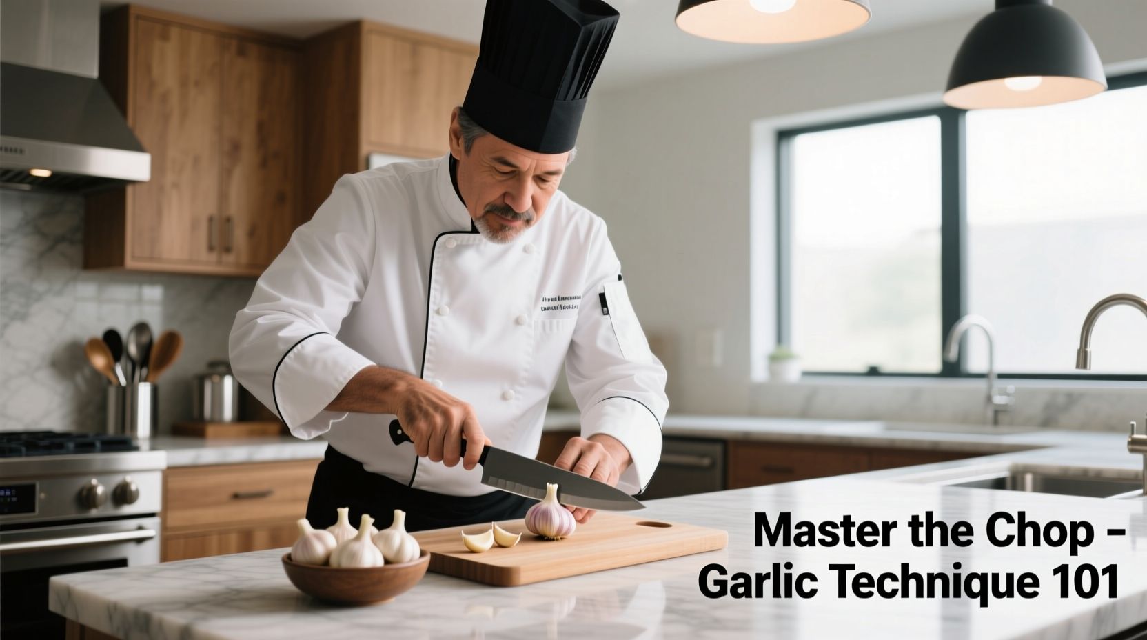 Professional chef demonstrating garlic cutting technique