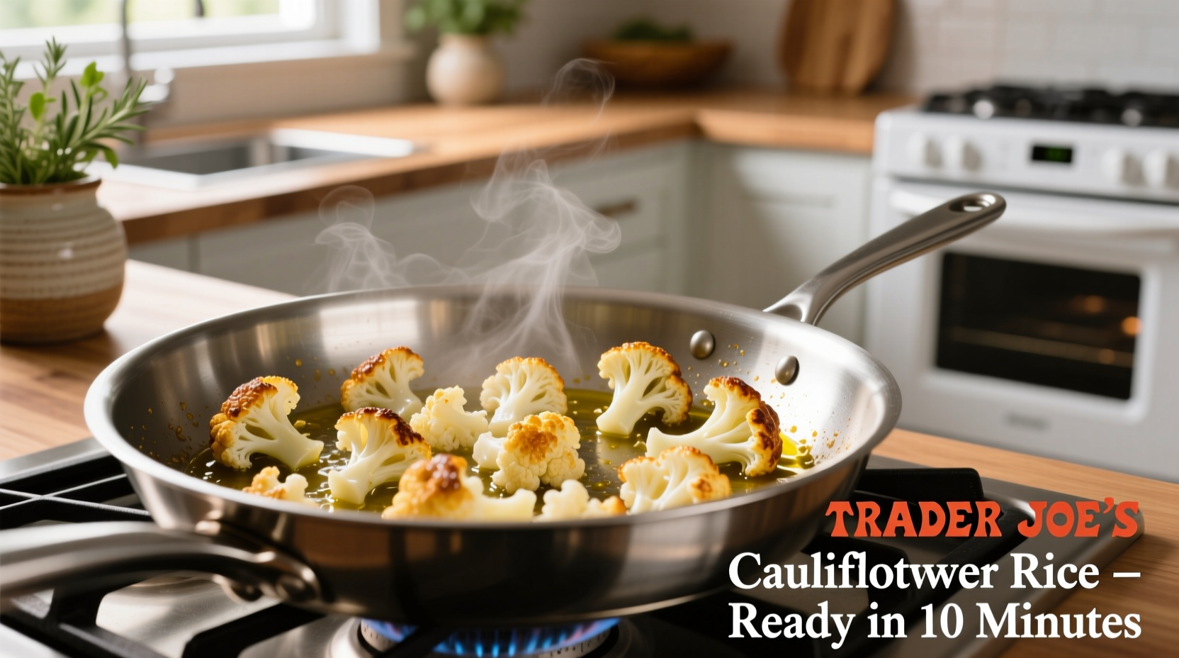 Trader Joe's cauliflower rice cooking in skillet